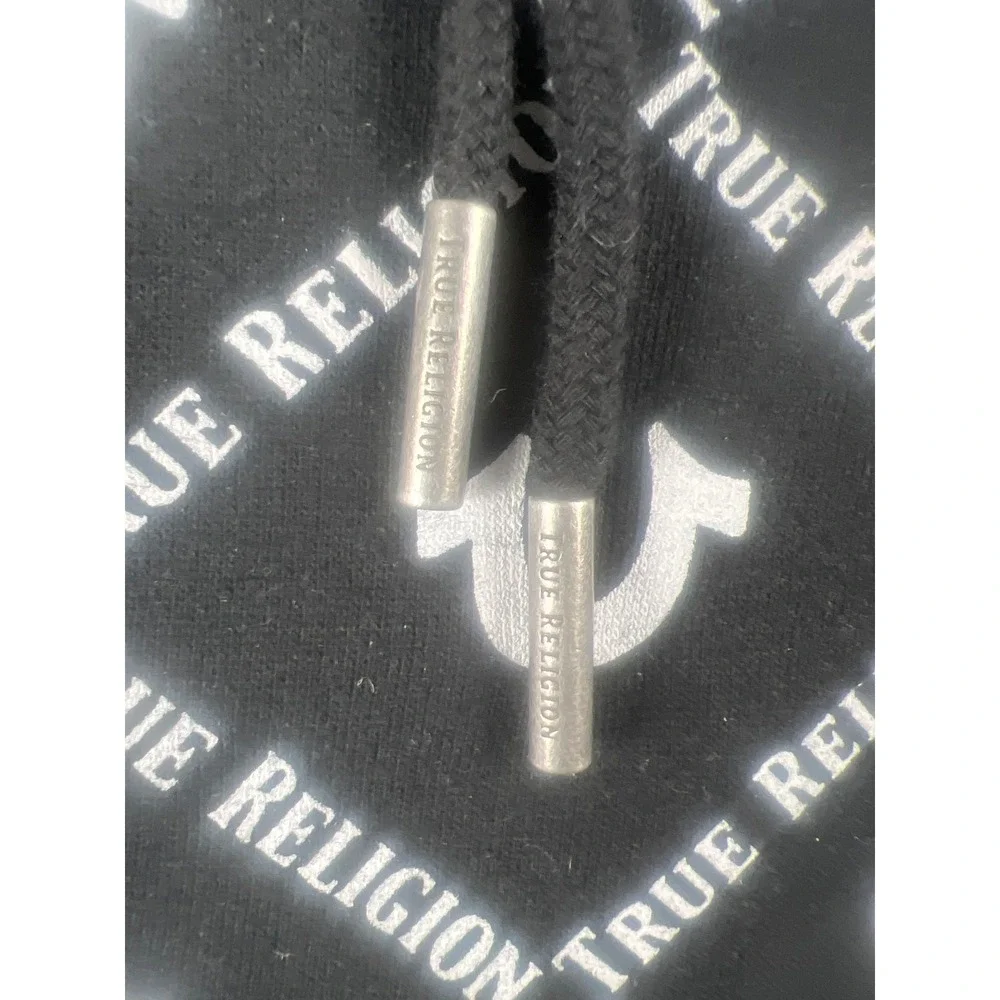 True Religion Mens Black White All Over Logo Print Pullover Hoodie Size Large